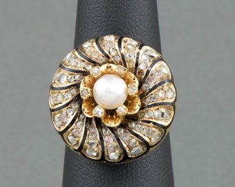 Impressive Rose Cut Diamond & Pearl Flower Ring with Black Enamel in 14K Gold