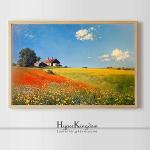 Serene Countryside Landscape Art Print – Rustic House, Poppy Field, Wildflowers & Blue Sky – Nature Wall Decor, Farmhouse Style Hyperkingdom