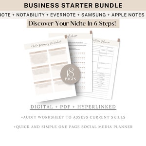 May include: A digital business starter bundle with 18 pages of worksheets and a social media planner. The bundle includes a niche discovery worksheet, a media planner, and an audit worksheet to assess current skills. The bundle is compatible with OneNote, Notability, Evernote, Samsung Notes, and Apple Notes apps.