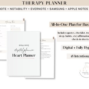 以下が含まれることがあります： 薄いグレーの背景に「2024-2025 デジタルプランナー ハートプランナー」というテキストが書かれた、忙しいお母さん向けのデジタルプランナーです。このプランナーには、引用、チェックリスト、トラッカー、アファメーション、感謝のチェックインシートが含まれています。完全にハイパーリンクされており、18ページの意図的なページがあります。
