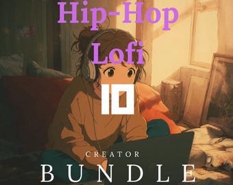 Puede incluir: Ilustración de estilo anime de una persona con auriculares, sentada con un portátil. La imagen tiene texto que dice "Hip-Hop Lofi Creator Bundle". La paleta de colores es cálida, con un enfoque en la persona y el portátil.