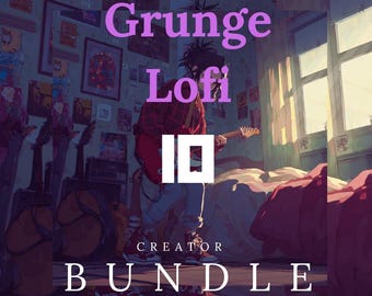 Puede incluir: Ilustración con el texto "Grunge Lofi Creator Bundle". La imagen muestra a una persona sosteniendo una guitarra en un dormitorio. Hay guitarras en el fondo y la habitación está iluminada por la luz del sol.