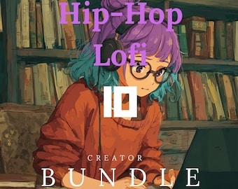 Puede incluir: Ilustración de una persona con cabello morado y gafas con auriculares, trabajando en una computadora portátil. La imagen tiene texto que dice "Hip-Hop Lofi ID Creator Bundle" en morado y blanco. Una estantería llena de libros está en el fondo.