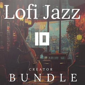 Puede incluir: Una ilustración digital de un músico de jazz tocando el contrabajo en un bar con poca luz y vista a la ciudad. El texto "Lofi Jazz Creator Bundle" se muestra en la parte inferior de la imagen.