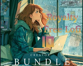 Puede incluir: Una ilustración estilo anime de una persona con cabello largo castaño, vistiendo una sudadera con capucha color verde azulado y jeans azules, sentada junto a una ventana usando una laptop. El texto Royalty Free Lofi 10 CREATOR BUNDLE está superpuesto.