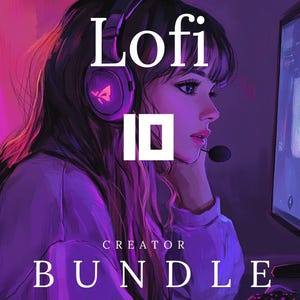 May include: Digital art of a person wearing headphones and a headset, with the text "Lofi ID Creator Bundle" in white. The artwork has a purple and pink color scheme, with a computer monitor in the background.