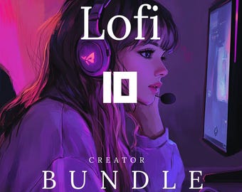 Puede incluir: Ilustración digital de una persona con auriculares y un auricular, con el texto "Lofi ID Creator Bundle" en blanco. La obra de arte tiene una combinación de colores púrpura y rosa, con un monitor de computadora en el fondo.
