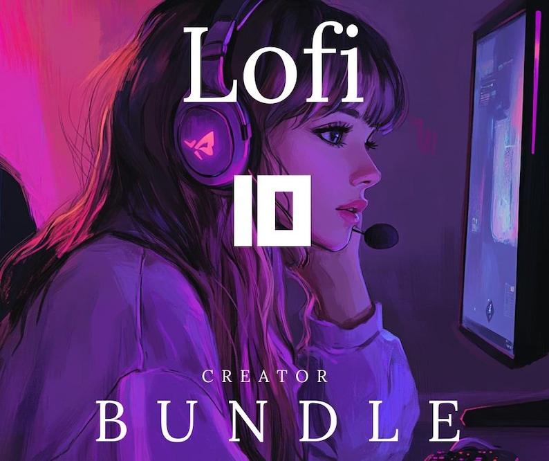 Puede incluir: Ilustraci&oacute;n digital de una persona con auriculares y un auricular, con el texto "Lofi ID Creator Bundle" en blanco. La obra de arte tiene una combinaci&oacute;n de colores p&uacute;rpura y rosa, con un monitor de computadora en el fondo.