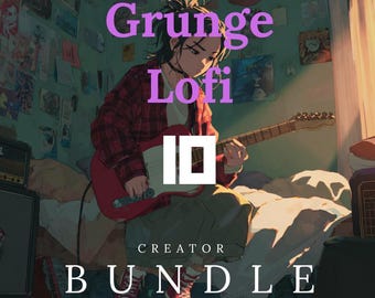Puede incluir: Ilustración de una persona tocando una guitarra eléctrica roja. La imagen tiene las palabras "Grunge Lofi ID Creator Bundle" en texto rosa y blanco. La persona lleva una camisa a cuadros roja y pantalones color caqui.