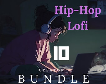 Puede incluir: Ilustración de estilo anime de una persona con auriculares usando una laptop. La imagen tiene el texto "Hip-Hop Lofi Creator Bundle" en morado y blanco. La persona está sentada en una habitación con poca luz.