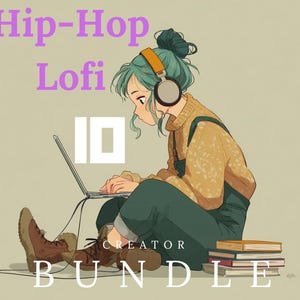 Może przedstawiać: Ilustracja osoby z turkusowymi włosami w słuchawkach, pracującej na laptopie. Obraz zawiera tekst "Hip-Hop Lofi Creator Bundle". Osoba ma na sobie żółty sweter i zielone ogrodniczki, a obok stos książek.