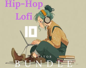 Puede incluir: Ilustración de una persona con cabello turquesa usando auriculares y trabajando en una laptop. La imagen incluye el texto "Hip-Hop Lofi Creator Bundle". La persona lleva un suéter amarillo y un mono verde, con una pila de libros cerca.