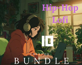 Puede incluir: Ilustración de estilo anime de una persona con auriculares y una sudadera con capucha naranja, trabajando en una computadora portátil. Las palabras "Hip-Hop Lofi Creator Bundle" se muestran.