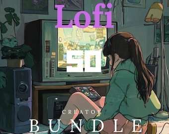 Puede incluir: Ilustración de estilo anime con una persona sentada frente a un televisor antiguo. La pantalla muestra un paisaje urbano. El texto "Lofi 50 Creator Bundle" está superpuesto. La persona lleva una sudadera con capucha verde.