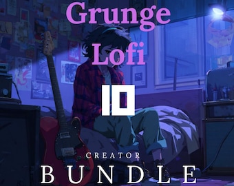 Puede incluir: Ilustración con el texto "Grunge Lofi Creator Bundle". La imagen presenta a una persona sentada con una guitarra eléctrica roja. La paleta de colores es principalmente azul y rojo, con una estética grunge.