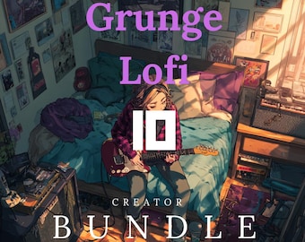 Puede incluir: Ilustración de una persona tocando la guitarra eléctrica en un dormitorio. La imagen tiene el texto "Grunge Lofi Creator Bundle" en morado y blanco. La habitación está decorada con carteles y tiene una cama con una colcha turquesa.