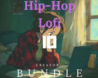 Puede incluir: Ilustración de estilo anime con una persona con una camisa a cuadros roja y negra usando una computadora portátil. La imagen incluye el texto "Hip-Hop Lofi Creator Bundle" en morado y blanco. Una ventana y una taza son visibles en el fondo.