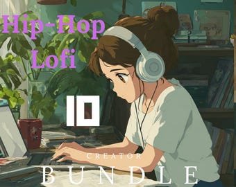 Puede incluir: Ilustración de estilo anime de una persona con auriculares trabajando en un portátil. La imagen presenta el texto "Hip-Hop Lofi" y "Creator Bundle". Una taza roja está en el escritorio y hay plantas en el fondo.