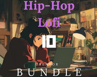 Puede incluir: Ilustración de estilo anime de una persona trabajando en un portátil. La imagen presenta el texto "Hip-Hop Lofi Creator Bundle" en morado y blanco. Una taza verde está en el escritorio, y una lámpara de escritorio es visible.