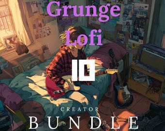 Puede incluir: Ilustración de una persona tocando una guitarra eléctrica roja en un dormitorio. La habitación está decorada con carteles y una ventana con luz solar. El texto de la imagen dice "Grunge Lofi Creator Bundle".