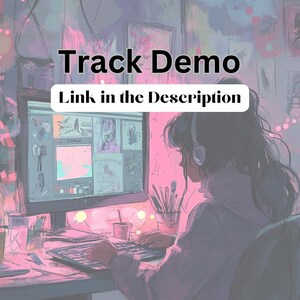 Puede incluir: Ilustraci&oacute;n de una persona con auriculares, trabajando en una computadora. La pantalla muestra una interfaz de dise&ntilde;o. El texto "Track Demo" y "Link in the Description" se muestran en la imagen. La paleta de colores es rosa suave y morado.
