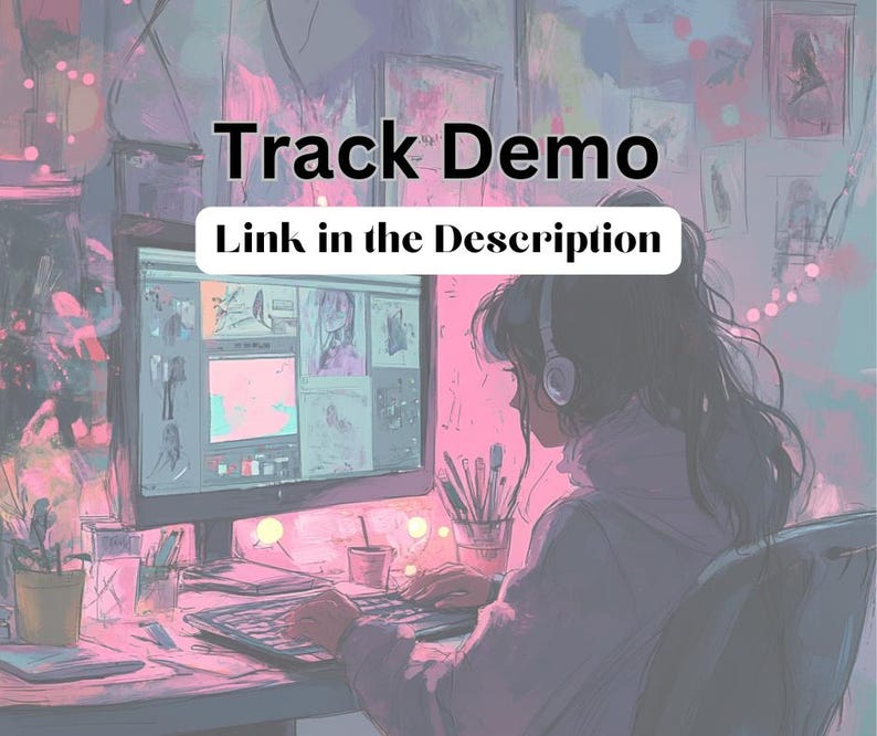 Puede incluir: Ilustraci&oacute;n de una persona con auriculares, trabajando en una computadora. La pantalla muestra una interfaz de dise&ntilde;o. El texto "Track Demo" y "Link in the Description" se muestran en la imagen. La paleta de colores es rosa suave y morado.