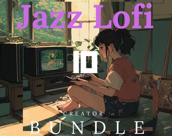 Puede incluir: Ilustración con el texto "Jazz Lofi Creator Bundle". Una persona está sentada, sosteniendo un teclado, con un televisor antiguo y una ventana en el fondo. La imagen tiene un ambiente cálido y artístico, que sugiere creatividad.