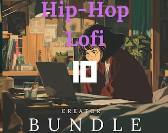 Puede incluir: Ilustración de estilo anime de una persona trabajando en un portátil en un escritorio. La imagen presenta el texto "Hip-Hop Lofi ID Creator Bundle" en morado y blanco. La escena está ambientada en una habitación acogedora con un escritorio, libros y plantas.