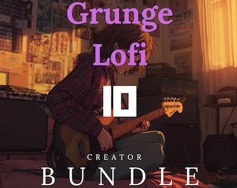 Puede incluir: Ilustración de una persona tocando la guitarra, con las palabras "Grunge Lofi Creator Bundle" en la imagen. La persona lleva una camisa a cuadros roja y negra. El fondo incluye carteles y equipo de música.