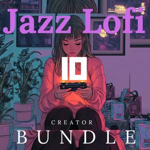 Puede incluir: Ilustración de una persona sosteniendo un mando de videojuegos brillante, con el texto "Jazz Lofi Creator Bundle" en rosa y blanco. La imagen tiene una combinación de colores púrpura y verde azulado, con plantas en macetas y cuadros en el fondo.