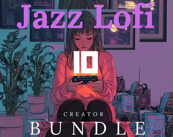 Puede incluir: Ilustración de una persona sosteniendo un mando de videojuegos brillante, con el texto "Jazz Lofi Creator Bundle" en rosa y blanco. La imagen tiene una combinación de colores púrpura y verde azulado, con plantas en macetas y cuadros en el fondo.