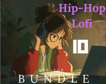 Puede incluir: Ilustración de estilo anime de una persona con auriculares, gafas y una chaqueta roja, con el texto "Hip-Hop Lofi Creator Bundle". La persona está sentada en un escritorio con un portátil y una taza.