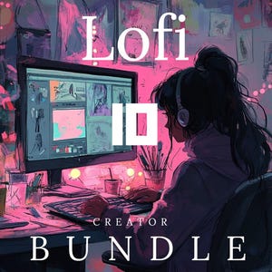 Può includere: Un'illustrazione digitale di una donna che lavora al computer con il testo "Lofi Creator Bundle" in lettere rosa. La donna indossa delle cuffie e ha una coda di cavallo. Lo schermo del computer mostra un progetto di arte digitale in corso.