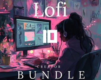 Puede incluir: Una ilustración digital de una mujer trabajando en una computadora con el texto "Lofi Creator Bundle" en letras rosas. La mujer lleva auriculares y tiene una coleta. La pantalla de la computadora muestra un proyecto de arte digital en progreso.