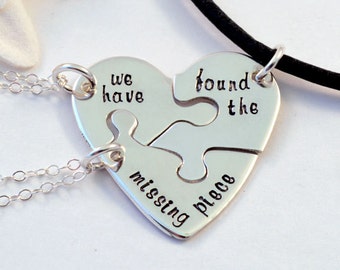 Adoption Necklace Three Piece Set - We Have Found the Missing Piece - Puzzle Piece Necklace and Keyring Set - Handstamped Sterling Silver