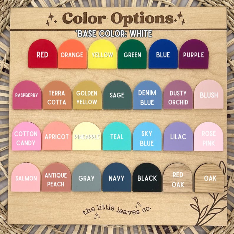 May include: A chart of colour options for a product, with the base colour being white. The chart shows 36 different colour options in a half-circle shape, with the colour name written below each shape.