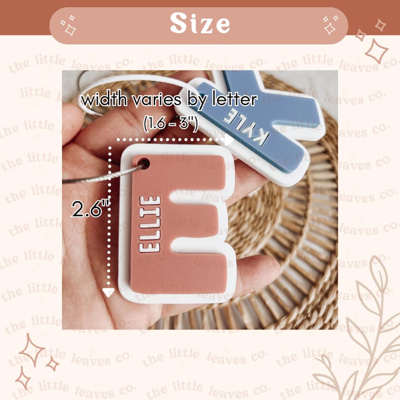 May include: Two silicone letter charms, one in blue and one in pink. The blue charm is a "Y" and says "KYLIE" on it. The pink charm is an "E" and says "ELLIE" on it. The charms are 1.6 to 3 inches wide and 2.6 inches tall.