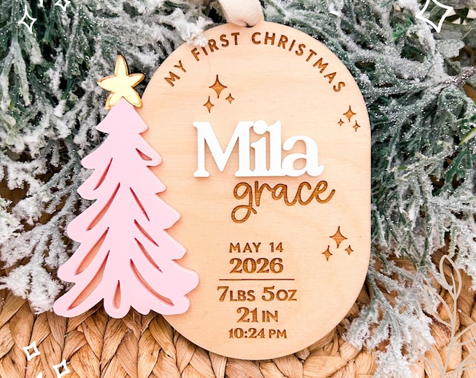 Personalized Baby Ornament Gift for Christmas My First Christmas Custom Name Ornament New Baby Gift Baby Stats Acrylic Wood Ornament