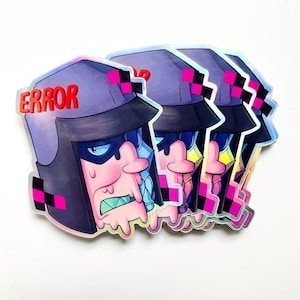 May include: A stack of holographic stickers featuring a cartoon character with a helmet and the word "ERROR" in red. The character has a distressed expression, with pink and black accents.