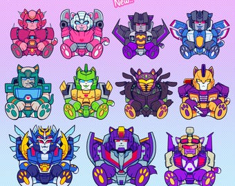 May include: Nine colorful Transformers Cat Charms in various colors, including red, pink, purple, blue, green, and yellow. Each charm features a cat face and body with robot-like details. The text "TRANSFORMERS CAT CHARMS New!! PREORDERS!!" is at the top.