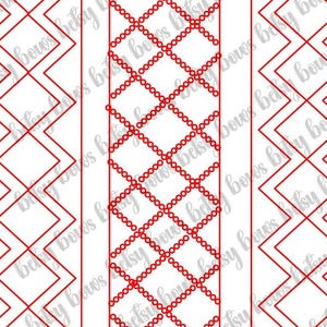 May include: Three vertical designs in red on a white background. The designs include geometric patterns of diamonds, zigzags, and a grid of circles. The text "Betsy bows baby bows" is repeated in the background.
