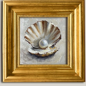 Pearl in Oyster Shell Oil Painting Textured Small Canvas Impasto Style 4×4 Gold Framed Coastal Art for Bathroom Shelf Gift for Her or Him