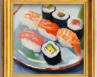 Vintage Oil Painting Sushi Still Life Framed Vintage Artwork Original Oil Painting Kitchen Wall Art Dining Room Decor Gift For Food Lover