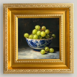 Green Grapes in Blue Ceramic Bowl Oil Painting Fruit Still Life Textured Modern Food Wall Display for Entryway ,Breakfast Nook Gift for Her