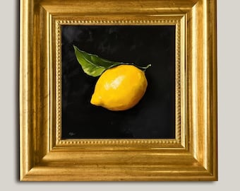 Lemon with Leaf Oil Painting on Canvas 4×4 Gold Framed Small Citrus Wall Art Fruit Art for Modern Kitchen or Dining Room Gift for Sister
