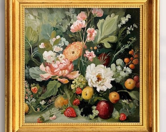 Flower Fruit Oil Painting Framed Still Life Bouquet Botanical Vintage Style Wall Art Kitchen Decor Classic Artwork Gift For Mom Flower Lover