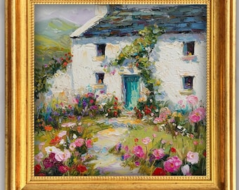 Hand Painted Cottage Oil Painting Framed Artwork Textured Impasto Wall Art Garden Flowers Gift For Art Lovers Home Decor Vintage Painting