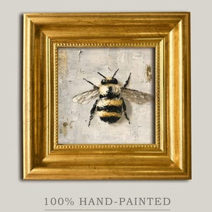 Mini Bumblebee Artwork Original Oil Painting Miniature Honeybee Canvas 4×4 Handmade Painting Yellow and Black Bug Art for Modern Home Decor