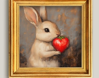 Bunny with Strawberry Oil Painting Cute Animal Art Whimsical Rabbit Portrait Original Hand-Crafted Canvas for Entryway Decor Birthday Gift