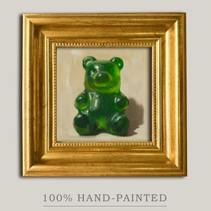 Green Gummy Bear Oil Painting Candy Pop Art for Kitchen or Playroom Wall Original Oil Food Art Glossy Green Candy Bear Painting gift for Her